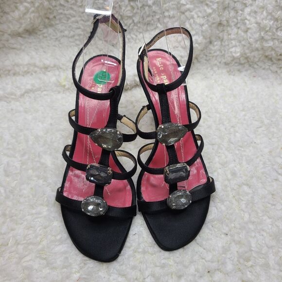 Kate Spade Black Satin‎ Chunky Rhinestone Embellished Strappy Heeled Sandals - Picture 2 of 5